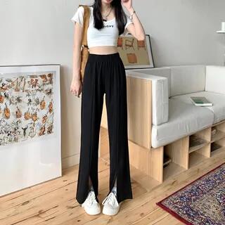 High Waist Plain Front-Slit Wide Leg Pants 3632# - Black by Cloud Nine