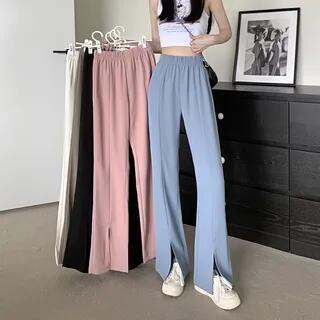 High Waist Plain Front-Slit Wide Leg Pants 3632# - Off-White by Cloud Nine