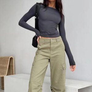 Long-Sleeve / Short -Sleeve Round Neck Plain Cropped Tee Long-Sleeve - Gray 242281679