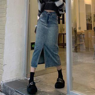 High-Waist Slit Denim Midi Straight Skirt Blue | OUREA by OUREA