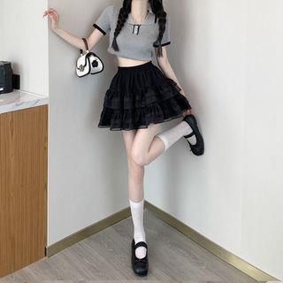 Balletcore High Rise Tiered Mesh Mini A-Line Skirt Black by Mikiko