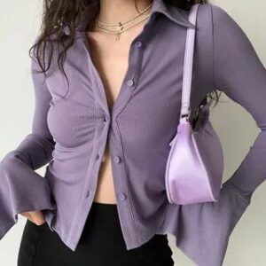 S - Bell Sleeve Plain Ribbed-Knit Slim-Fit Crop Shirt Purple 242282002