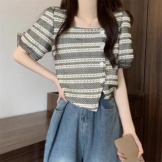 Puff-Sleeve Square Neck Patterned Asymmetrical Blouse Almond by Shinsei