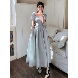 Tie-Waist Square-Neck A-Line Maxi Dress Grayish Blue by Strawolf