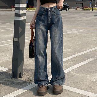 Mid Waist Washed Paneled Wide Leg Jeans Grayish Blue by Porstina