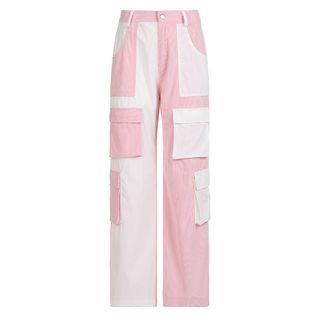 Low Rise Color-Block Straight-Fit Corduroy Wide-Leg Pants Pink by Honet