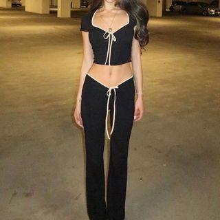Set: Short-Sleeve V-Neck Contrast Trim Crop Tee + Low Waist Flared Pants Black by Rosesand