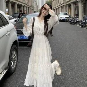 Long-Sleeve Notch Neck Plain Button Crinkled Tiered Maxi A-Line Dress White 243173311
