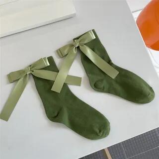Ribbon Back Plain Socks Olive Green by Mimiyu