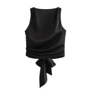 Round Neck Plain Tie Back Tank Top Black 243173528