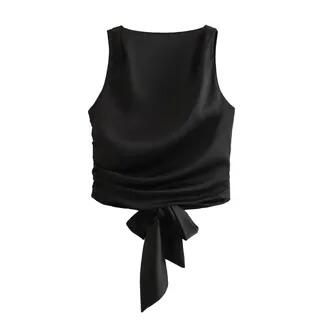 Round Neck Plain Tie Back Tank Top Black by Asiris