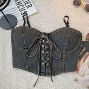 Spaghetti Strap Washed Lace Up Crop Denim Bustier Top Black by DIYI