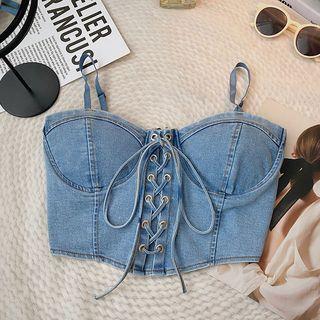 Spaghetti Strap Washed Lace Up Crop Denim Bustier Top Blue by DIYI