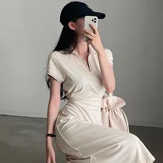 Short-Sleeve Contrast Stitching Polo Dress Beige by Coris