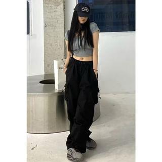 Mid Waist Plain Drawstring Cargo Baggy Pants Black by Maisee