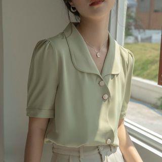 Short-Sleeve Peter Pan Collar Plain Shirt Light Green by Shinsei