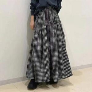 Elastic Waist Plain Tiered Maxi A-Line Skirt Plaid - Black & White 244045112