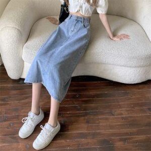 High-Rise Silt-Back A-Line Denim Midi Skirt Light Blue 244045225