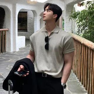 Short-Sleeve Plain Polo Shirt Khaki by Savenne