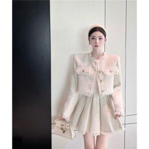Set: Tweed Tassel Trim Button-Up Jacket + High Rise Pleated Mini A-Line Skirt Set of 2 - Jacket & Skirt - White 244045486