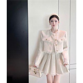 Set: Tweed Tassel Trim Button-Up Jacket + High Rise Pleated Mini A-Line Skirt Set of 2 - Jacket & Skirt - White by NENE