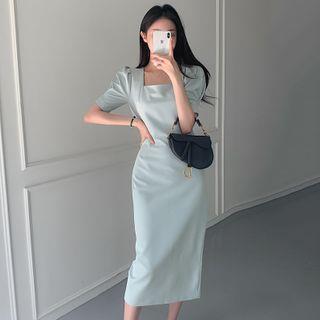 Square Neck Short-Sleeve Midi A-Line Dress Light Blue by Coris