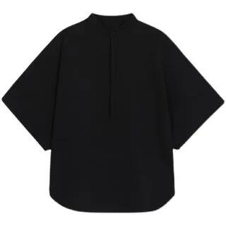Elbow-Sleeve Stand Collar Plain Shirt Black by Omozando