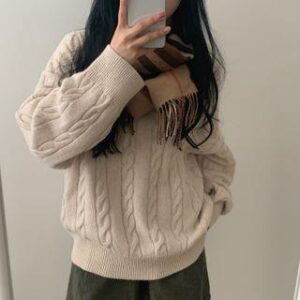 V-Neck Cable Knit Sweater Almond 244242305