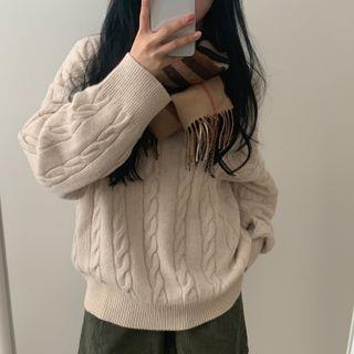 V-Neck Cable Knit Sweater Almond by PINPI