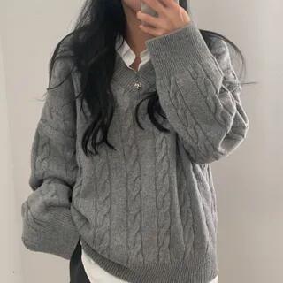 V-Neck Cable Knit Sweater Gray by PINPI