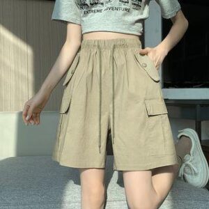High Waist Wide Leg Cargo Shorts Khaki 244288948