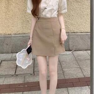 Short-Sleeve Plain Bow Blouse / High Waist Side-Slit Mini A-Line Skirt Skirt - Khaki 244288977