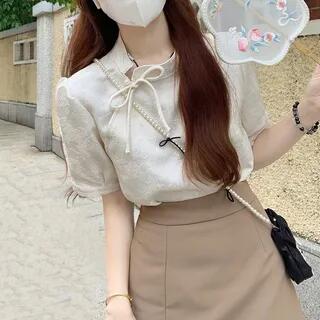 Short-Sleeve Plain Bow Blouse / High Waist Side-Slit Mini A-Line Skirt Blouse - White by Moon City