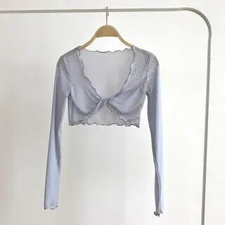 Long-Sleeve V-Neck Ruffle Trim Crop Top Gray by femmal