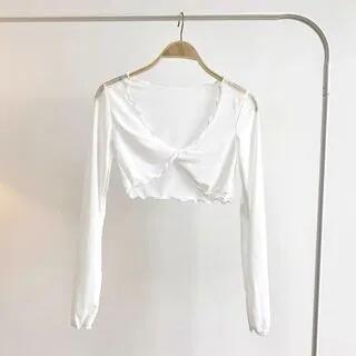 Long-Sleeve V-Neck Ruffle Trim Crop Top White by femmal