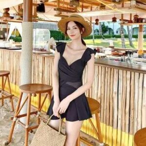 Cap-Sleeve Plain Ruched Swimdress Black 244289119