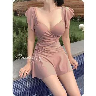 Cap-Sleeve Plain Ruched Swimdress Pink by Sabbia