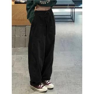 Drawstring Waist Plain Baggy Cargo Pants Black by Melon Juice