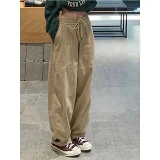 Drawstring Waist Plain Baggy Cargo Pants Khaki by Melon Juice