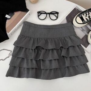High Waist Plain Mini A-Line Layered Skirt Dark Gray 244289254