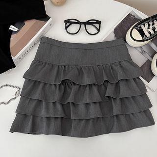 High Waist Plain Mini A-Line Layered Skirt Dark Gray by DIYI