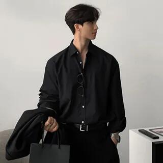Long-Sleeve Plain Button-Up Shirt Black by Savenne