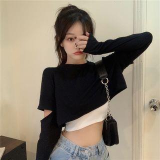 Long-Sleeve Mock Two Piece Cutout Cropped Top Black by Iduna