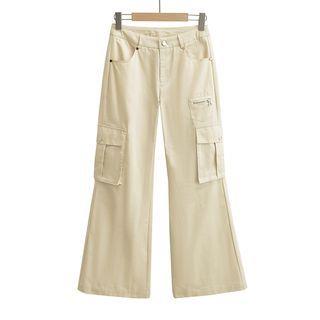 Mid Waist Plain Flared Cargo Pants Almond by Ulark