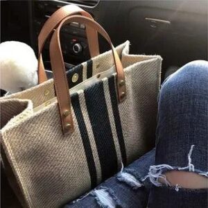 Striped Canvas Tote Bag Buttoned Edition - Almond & Black 244289538