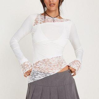 Long-Sleeve Boat Neck Lace Panel Asymmetrical Slim Fit Tee White by Sosana