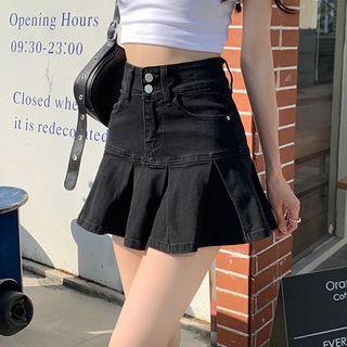 High Rise Plain Pleated Denim Mini A-Line Skirt Black by Denimot