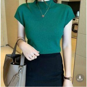 Short-Sleeve High Neck Plain Knit Top Dark Green 244848185