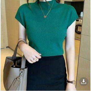 Short-Sleeve High Neck Plain Knit Top Dark Green by PINPI