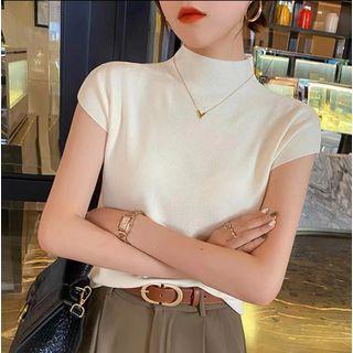 Short-Sleeve High Neck Plain Knit Top White by PINPI
